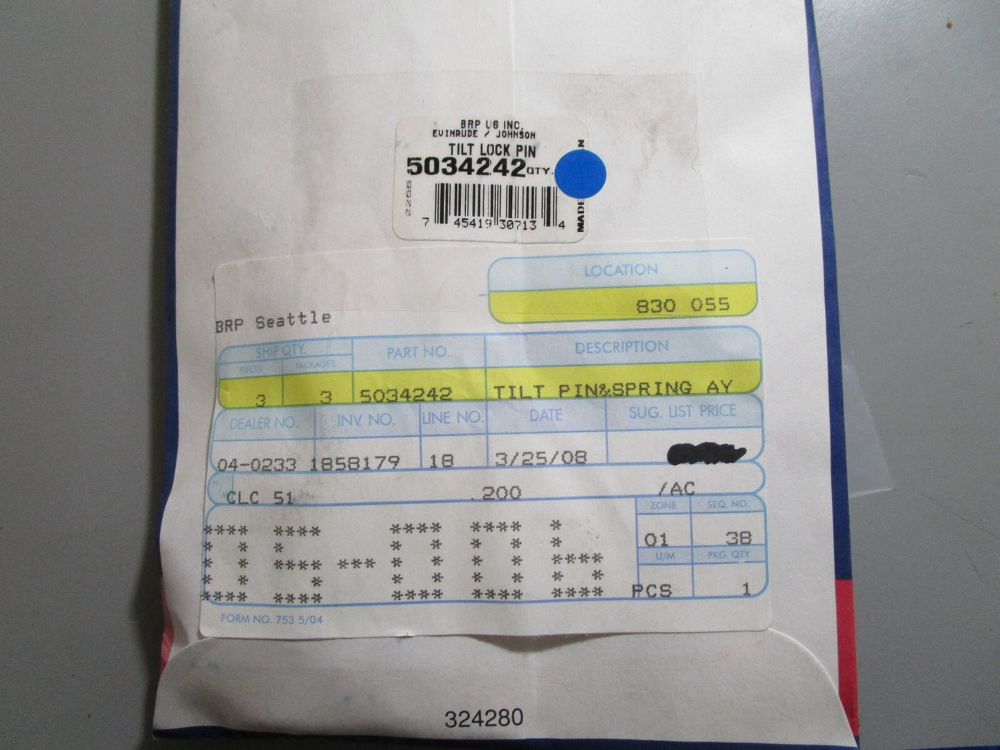 *NEW OEM* 0810 OMC Johnson Evinrude Tilt Pin & Spring Assembly 5034242