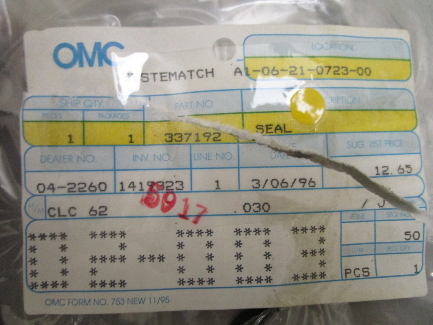 *NEW OEM* 0810 OMC Johnson Evinrude Seal 337192 0337192