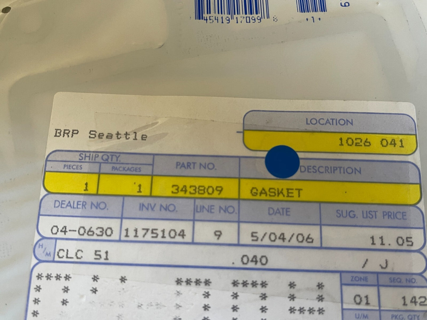 *NEW OEM* 0720 OMC Johnson Evinrude Gasket 343809 0343809