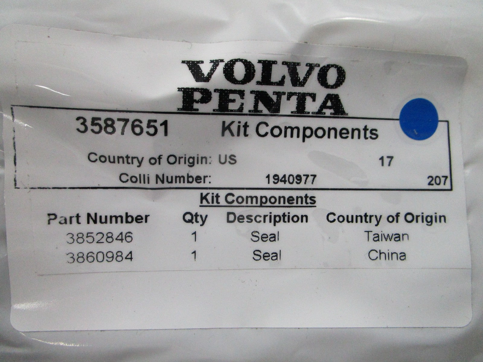 NEW OEM Volvo Penta Sealing Kit 3587651 0810