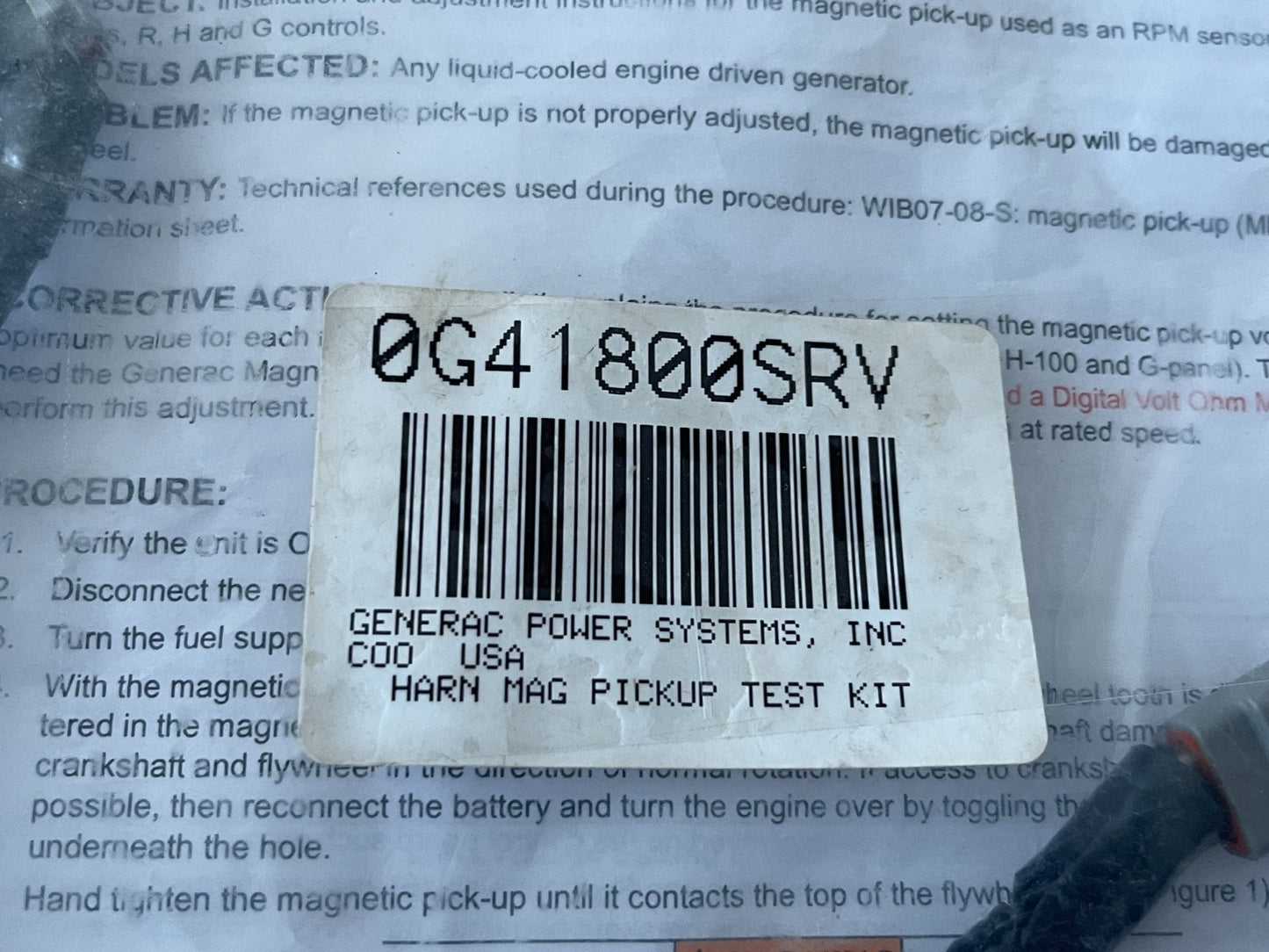 *NEW OEM* 0720 Generac MAG Pickup Test Kit Harness 0G41800SRV