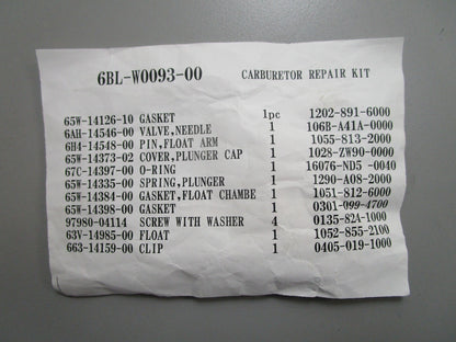 *NEW OEM* 0820 Yamaha Carburetor Repair Kit 6BL-W0093-00-00