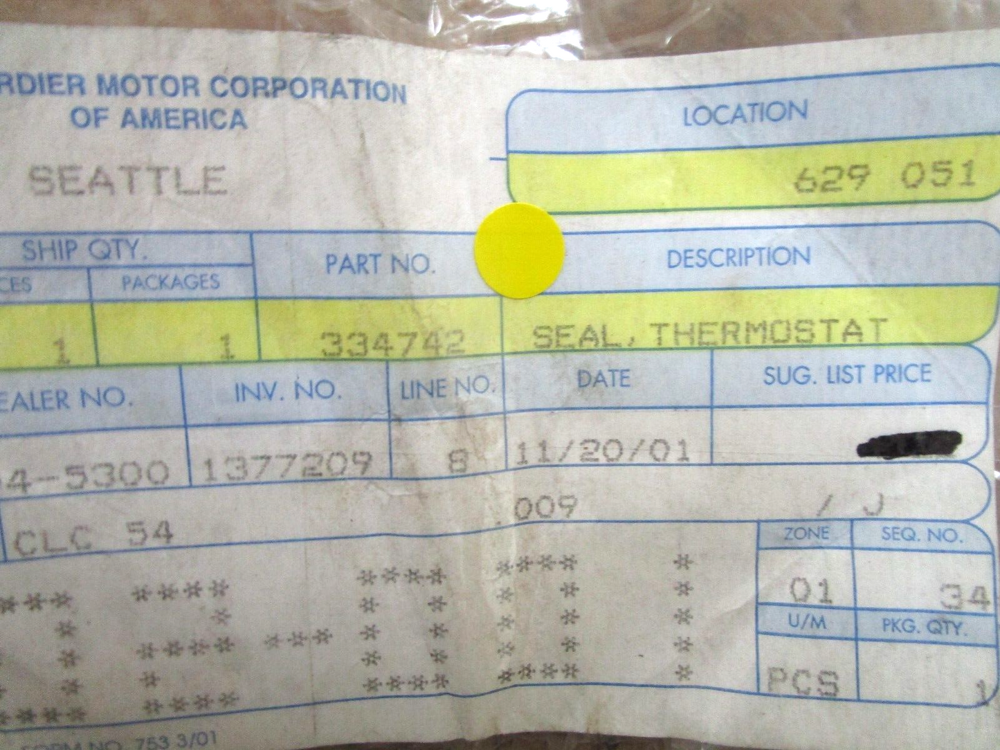 *NEW OEM* 0750 OMC Johnson Evinrude SEAL, THERMOSTAT 334742 0334742