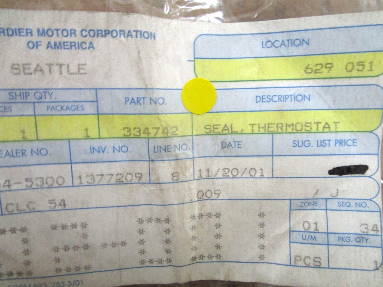 *NEW OEM* 0750 OMC Johnson Evinrude SEAL, THERMOSTAT 334742 0334742