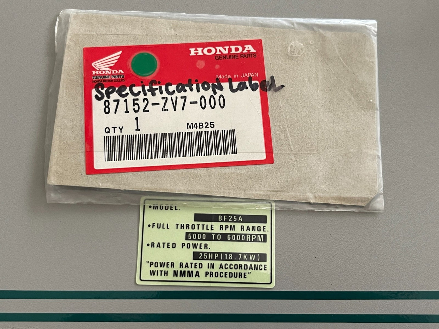 NEW OEM 87152-ZV7-000 Honda Specification Label 0810