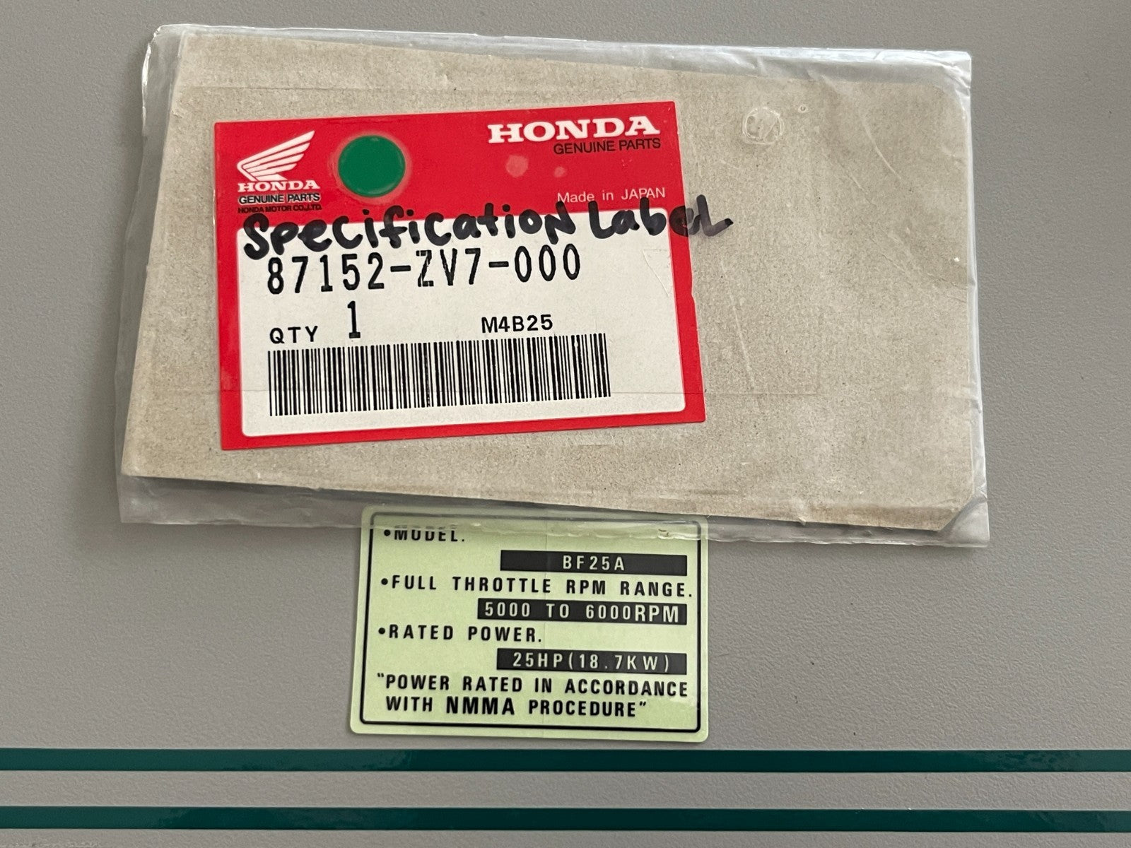 NEW OEM 87152-ZV7-000 Honda Specification Label 0810