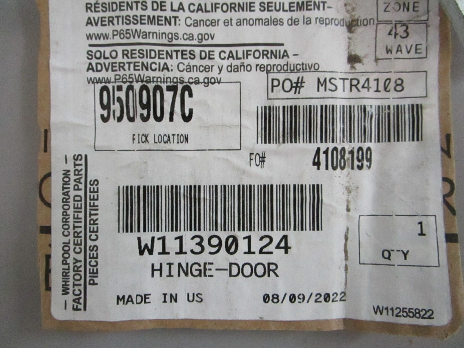 Whirlpool NEW OEM Oven Door Hinge W11390124 NOS Genuine Factory Part 0820