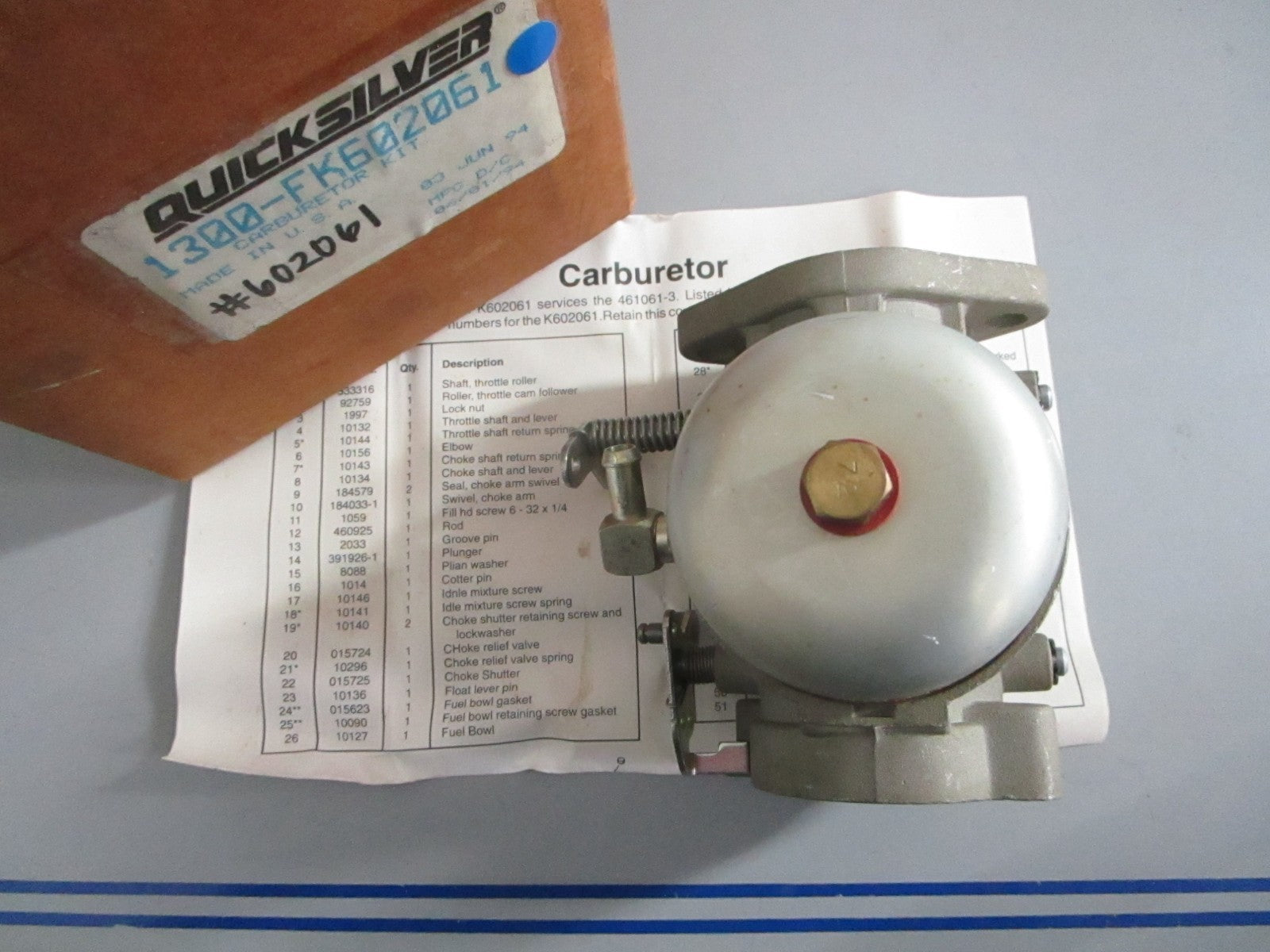 NEW OEM 1300-FK602061 Mercury Quicksilver Carburetor Kit 0820