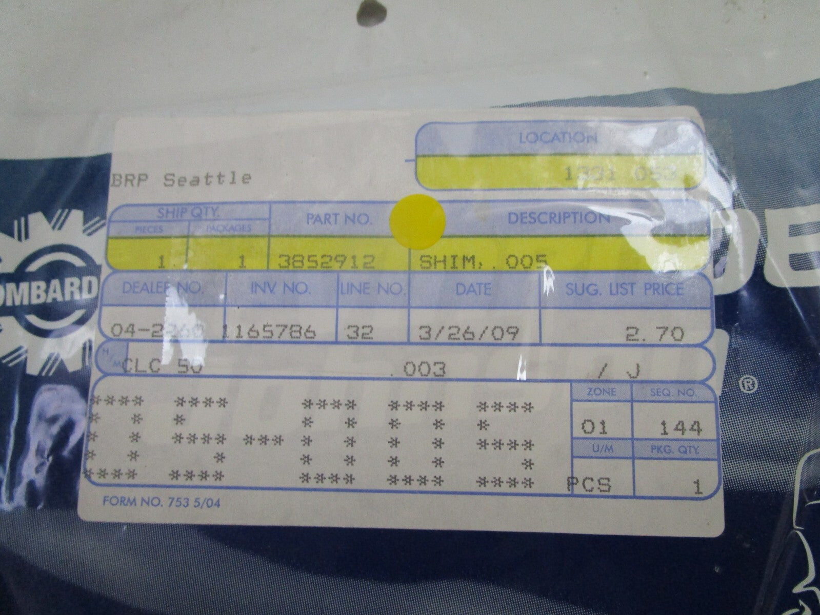 *NEW OEM* 0750 OMC Johnson Evinrude  SHIM  .005  3852912