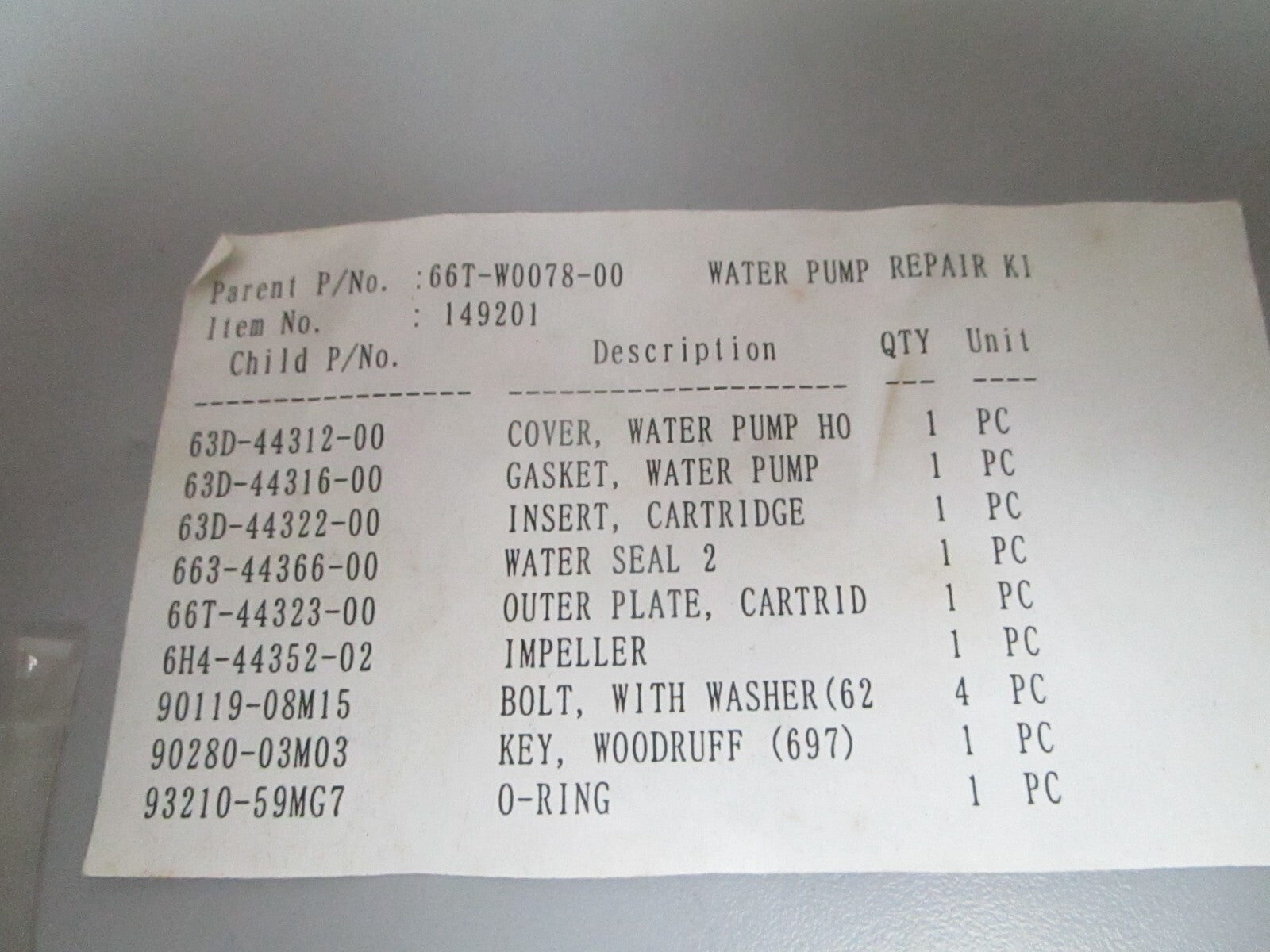 *NEW OEM* 0810 Yamaha Water Pump Repair Kit 66T-W0078-00-00