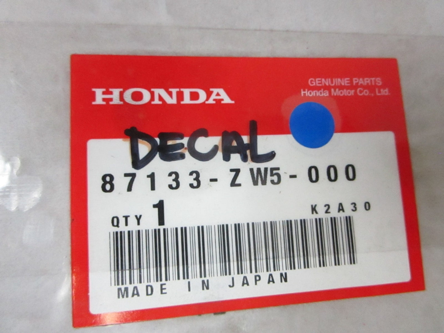 *NEW OEM* 0720 Honda Decal 87133-ZW5-000
