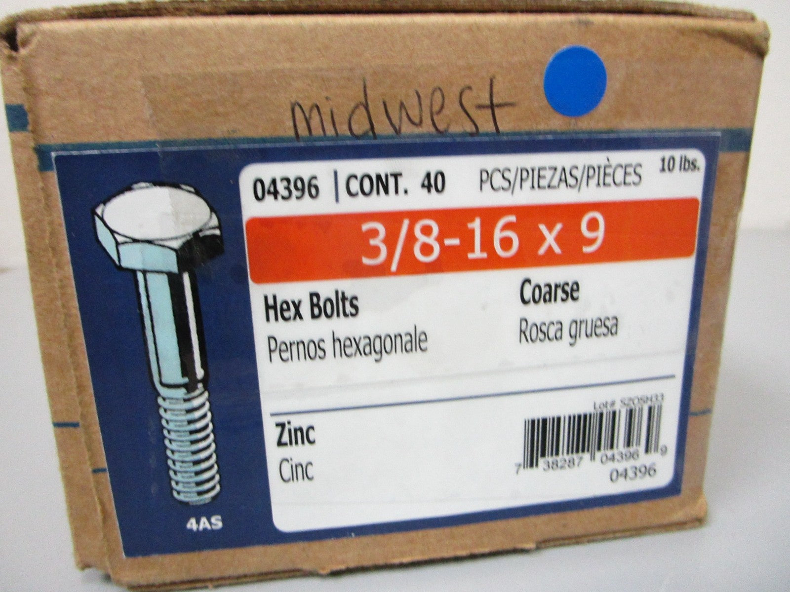 NEW 04396 Midwest 40 Piece Carton 3/8-16 x 9 inch Zinc Hex Bolt 0720