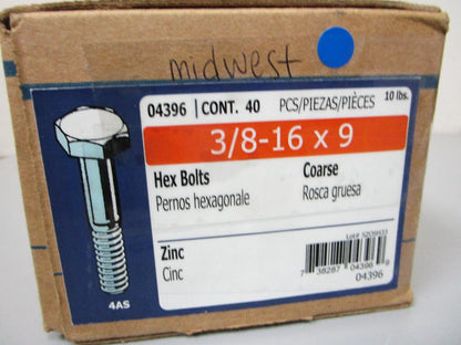 NEW 04396 Midwest 40 Piece Carton 3/8-16 x 9 inch Zinc Hex Bolt 0720