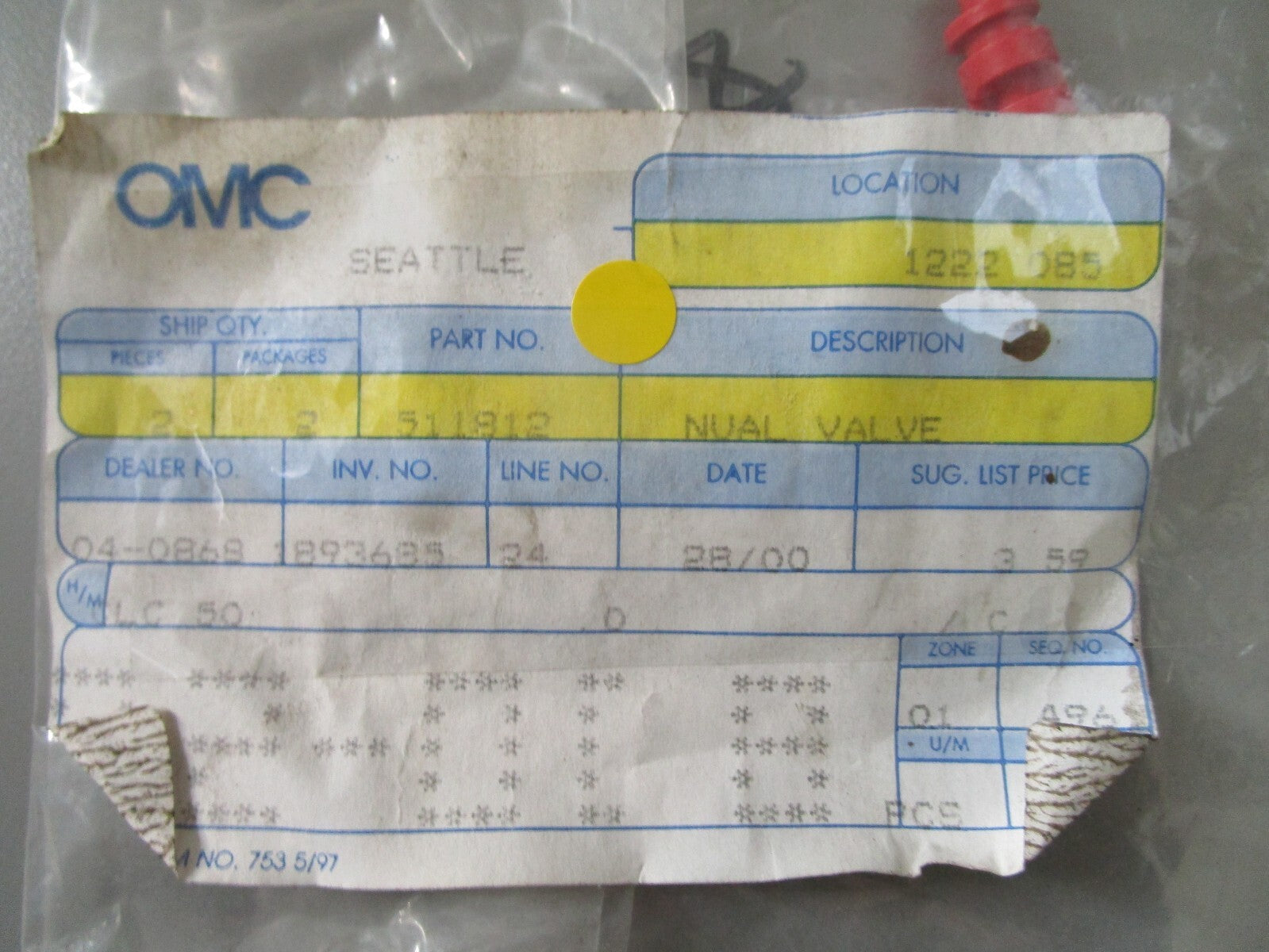 *NEW OEM* 0810 OMC Johnson Evinrude Manual Valve 511812 0511812