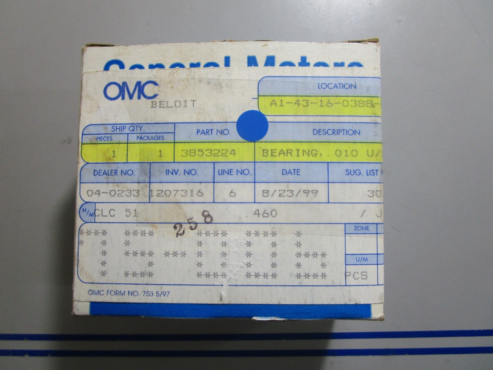 *NEW OEM* 0810 OMC Johnson Evinrude .010 U/S Bearing 3853224