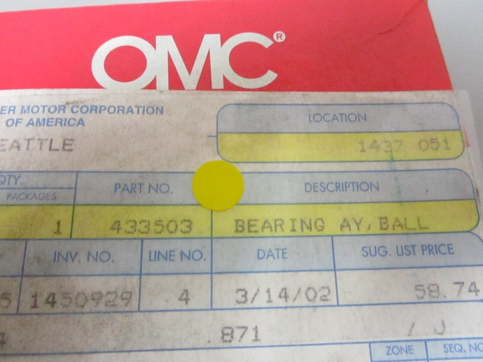*NEW OEM* 0720 OMC Johnson Evinrude Ball Bearing 433503 0433503