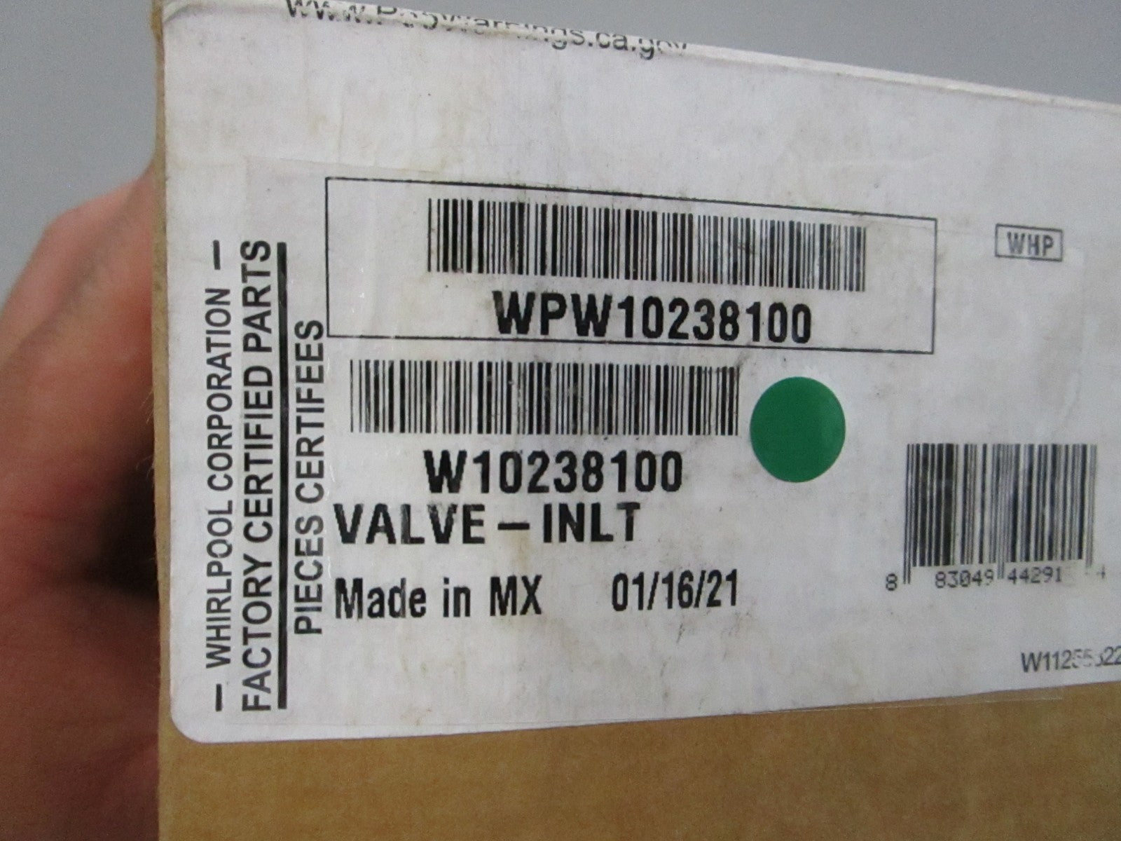 NEW OEM W10238100 Whirlpool Inlet Valve 0810