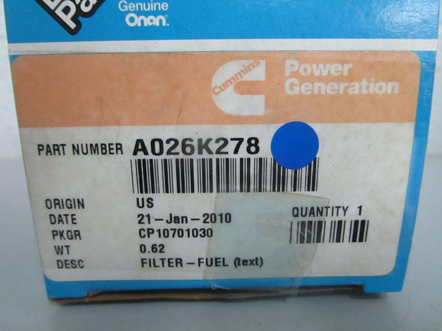 *NEW OEM* 0820 Onan Cummins Fuel Filter A026K278