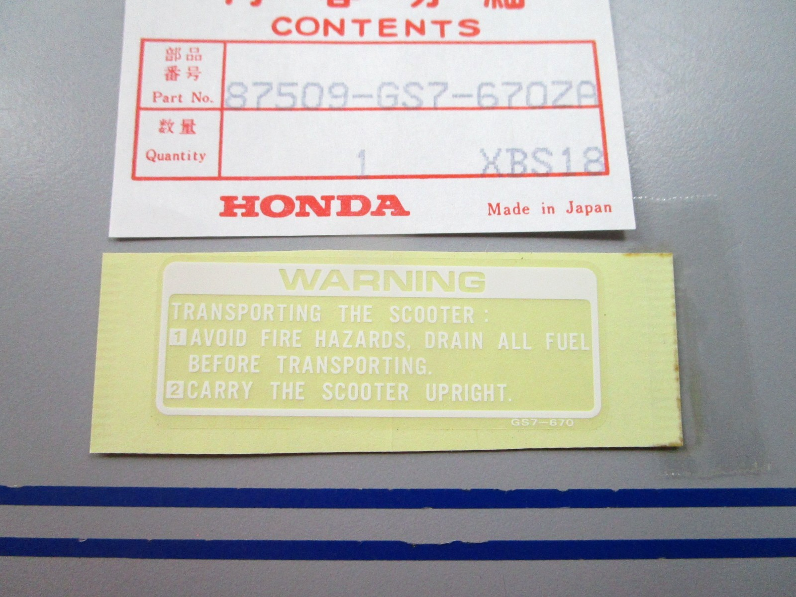 NEW OEM 87509-GS7-670ZA Honda Label 0810