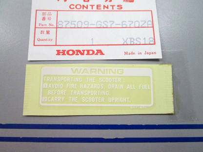 NEW OEM 87509-GS7-670ZA Honda Label 0810