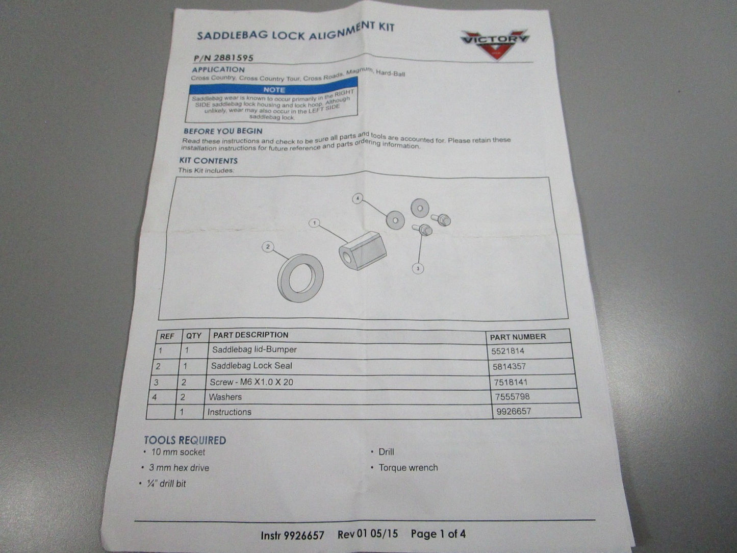 NEW OEM 2881595 Polaris Saddlebag Lock Alignment Kit 0810
