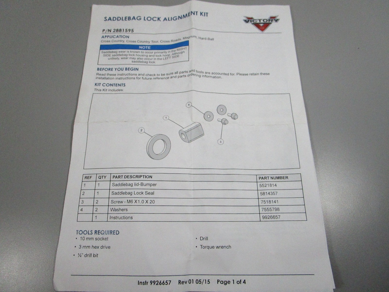 NEW OEM 2881595 Polaris Saddlebag Lock Alignment Kit 0810