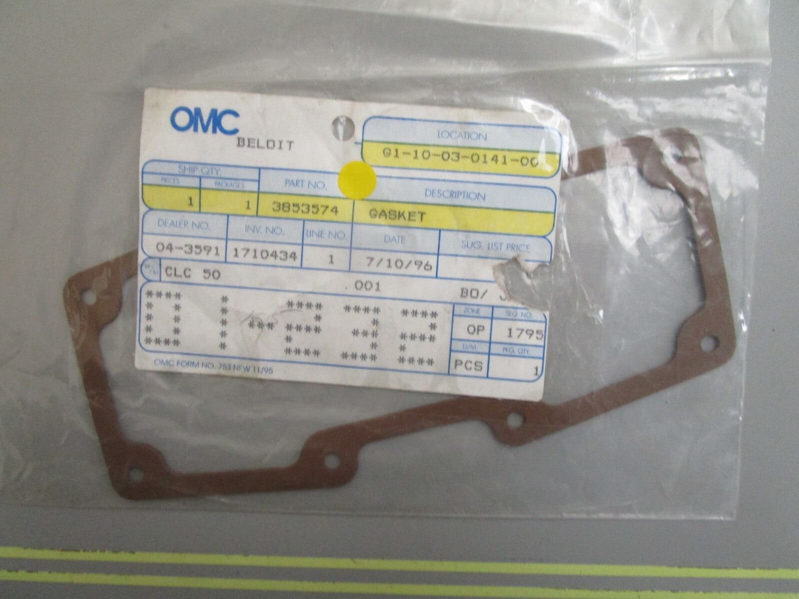 *NEW OEM* 0820 OMC Johnson Evinrude Gasket 3853574