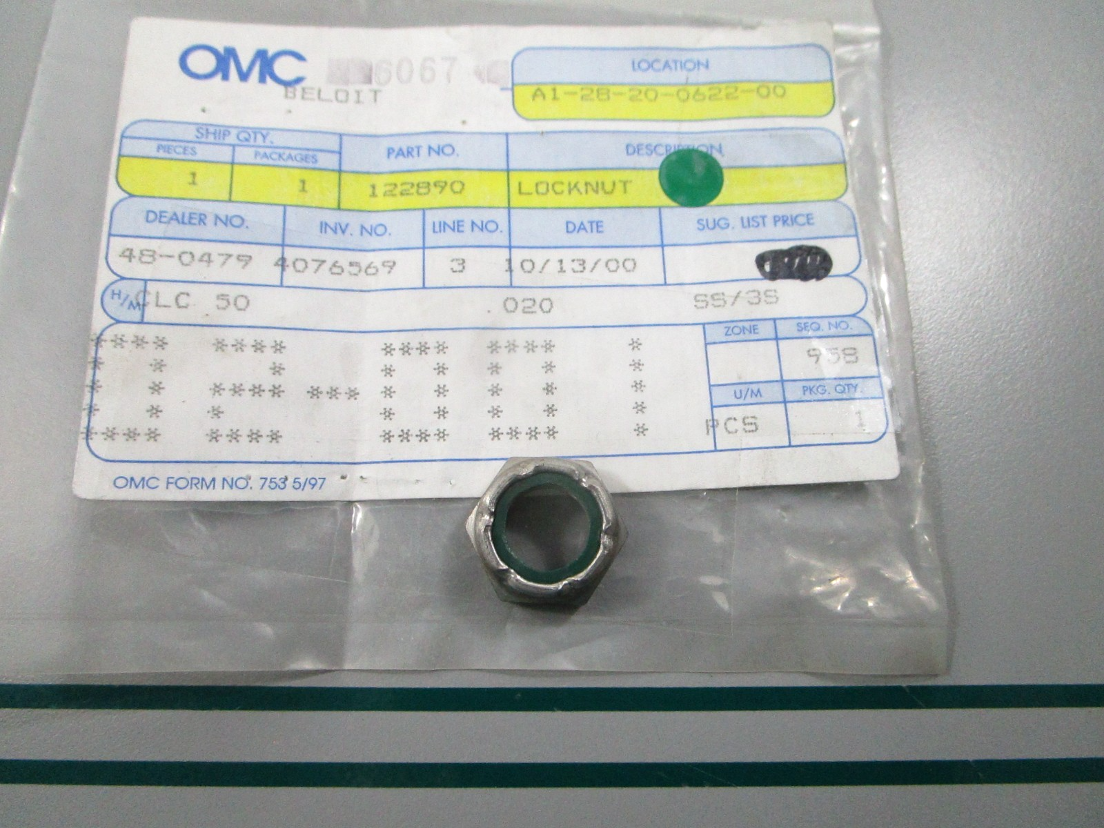 NEW OEM 122890 0122890 OMC Johnson Evinrude Locknut 0810