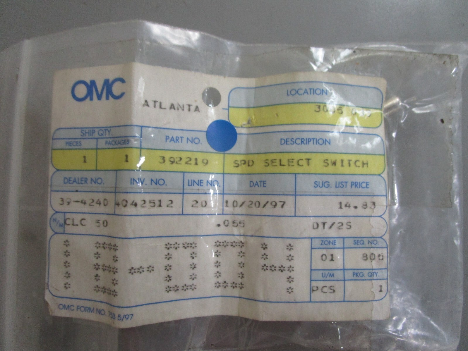 *NEW OEM* 0720 OMC Johnson Evinrude Switch 392219 0392219