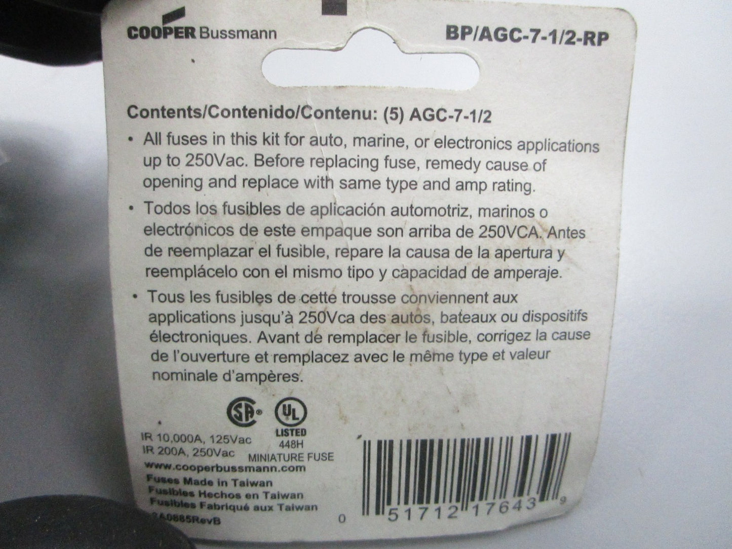 NEW (LOT OF 5) BP/AGC-7-1/2-RP Bussmann 1/4" x 1 1/4" 7 1/5A Fuse 0810