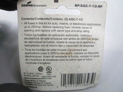 NEW (LOT OF 5) BP/AGC-7-1/2-RP Bussmann 1/4" x 1 1/4" 7 1/5A Fuse 0810