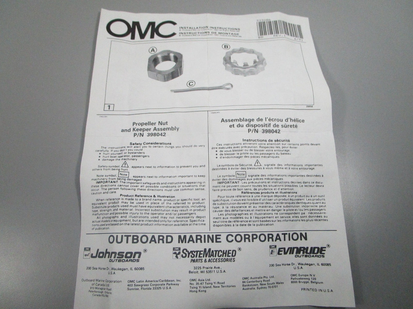 NEW OEM 398042 0398042 OMC Johnson Evinrude Prop Nut & Keeper 0810