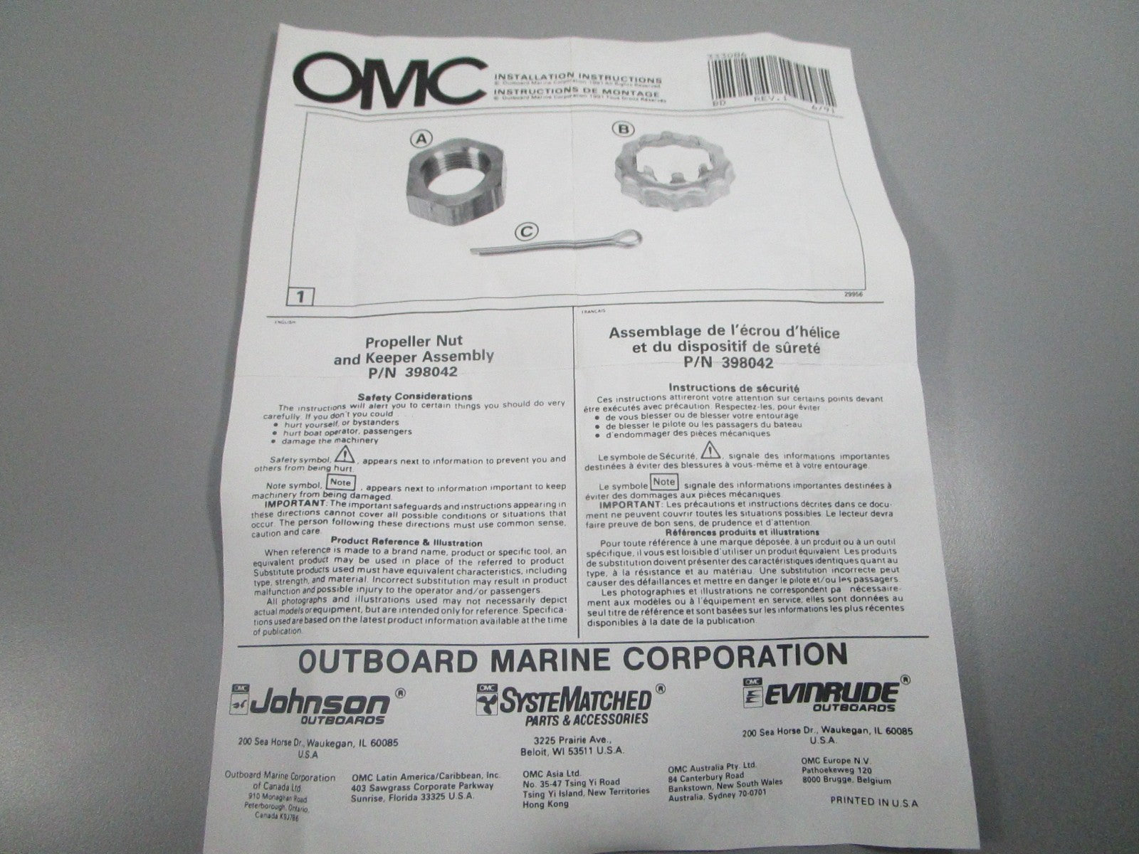 NEW OEM 398042 0398042 OMC Johnson Evinrude Prop Nut & Keeper 0810