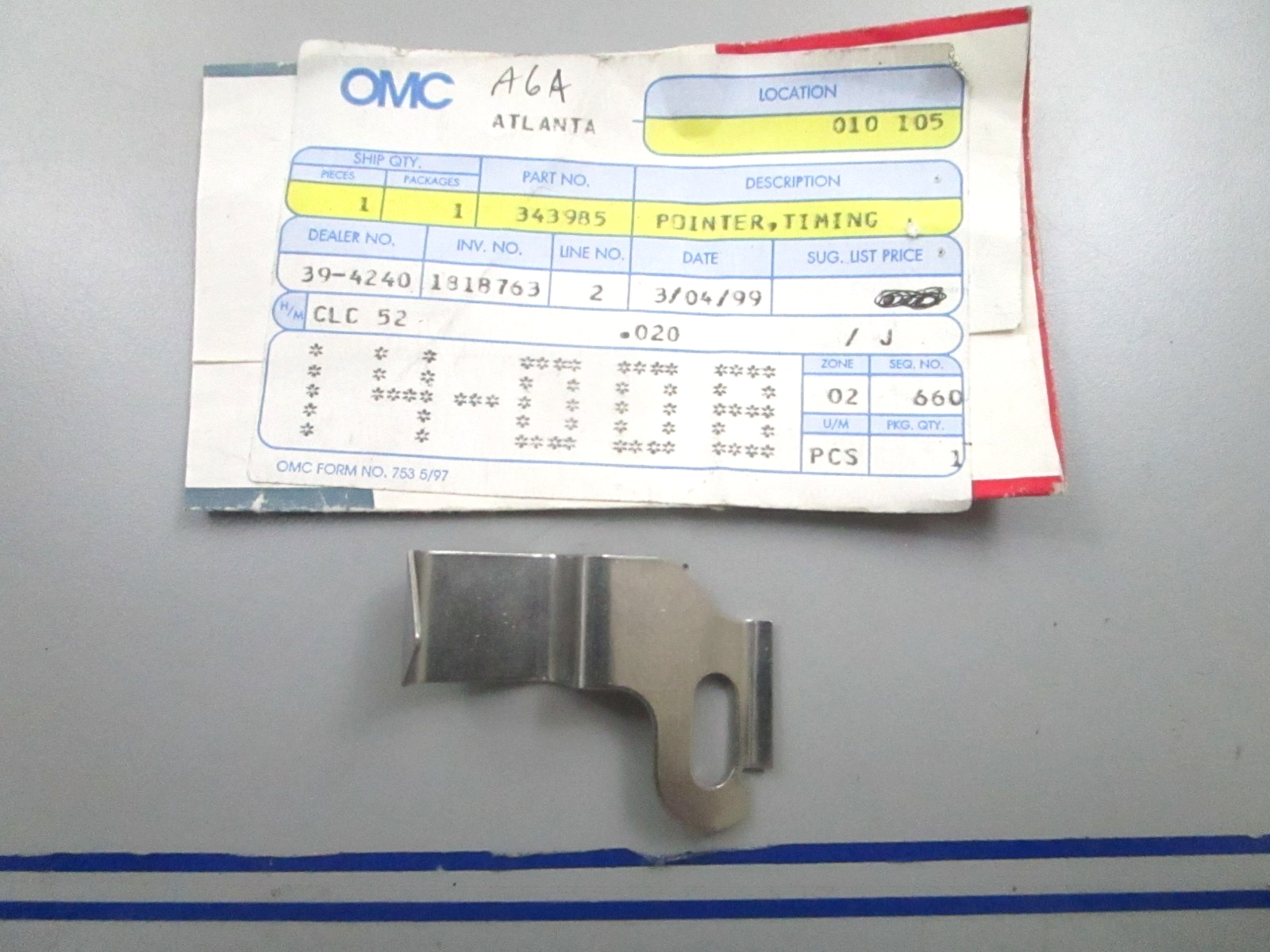 *NEW OEM* 0810 OMC Johnson Evinrude Timing Pointer 343985 0343985