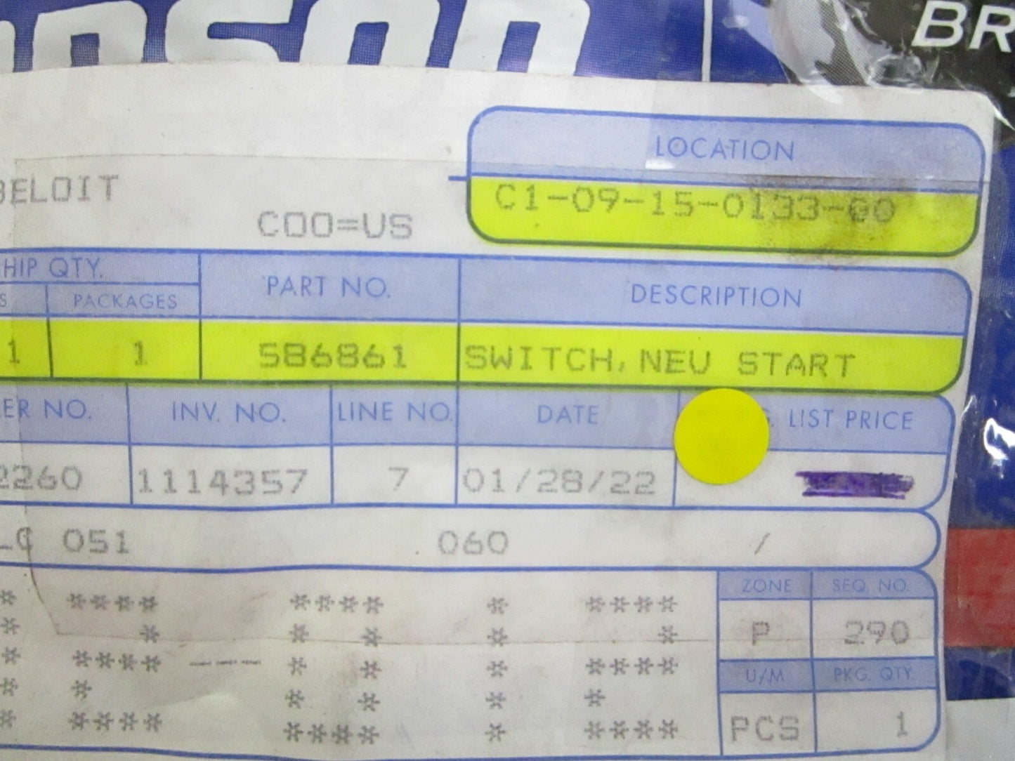 *NEW OEM* 0820 OMC Johnson Evinrude Neutral Start Switch 586861 0586861