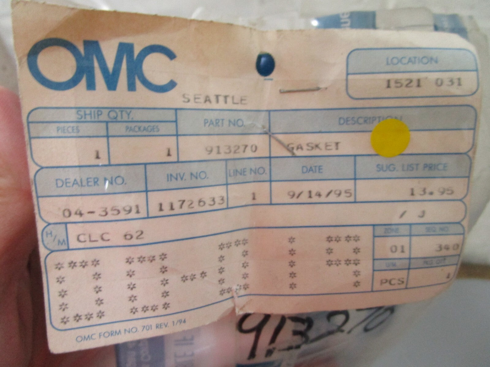 *NEW OEM* 0810 OMC Johnson Evinrude Gasket 913270 0913270