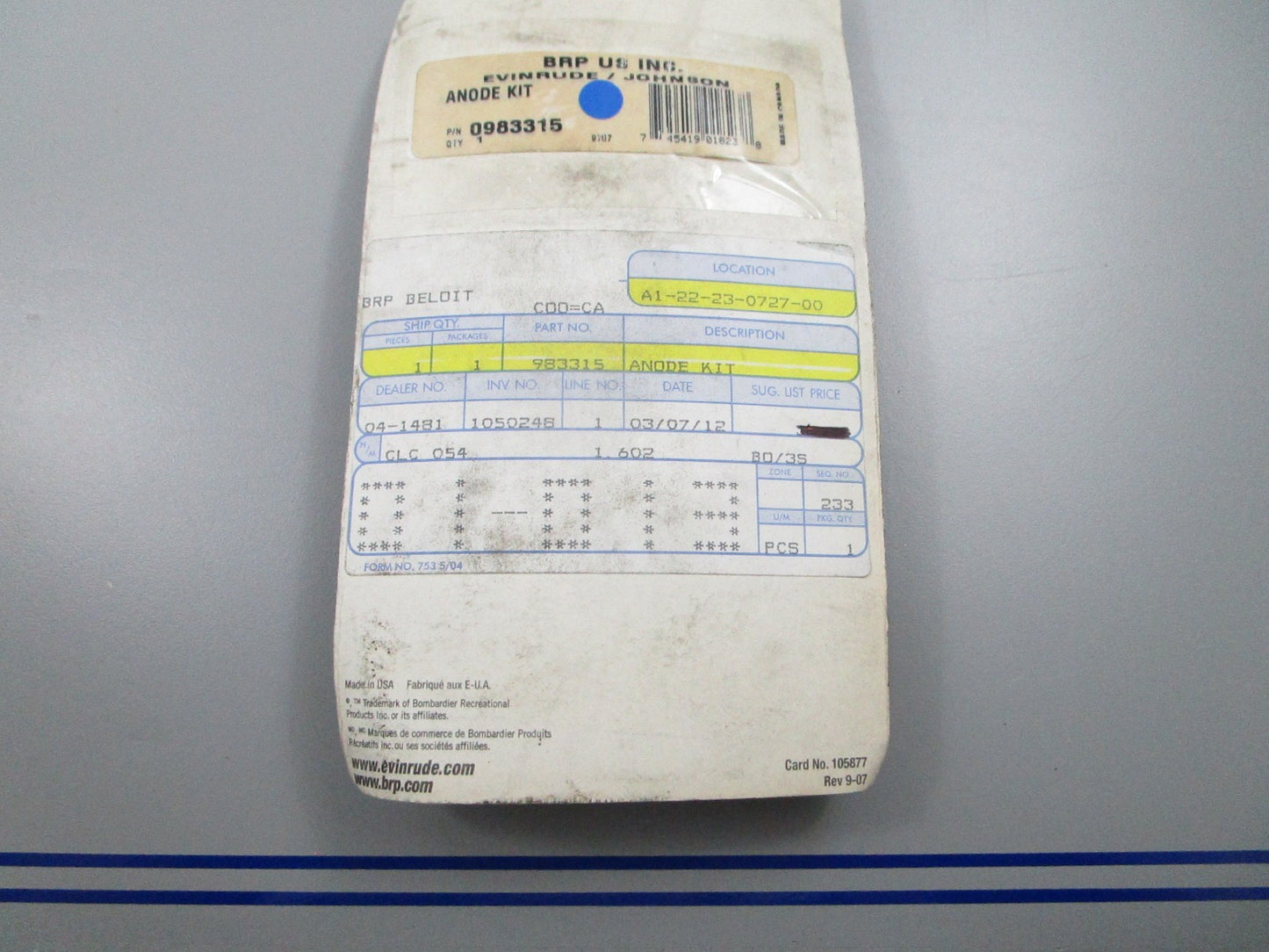 *NEW OEM* 0810 OMC Johnson Evinrude Anode Kit 983315 0983315