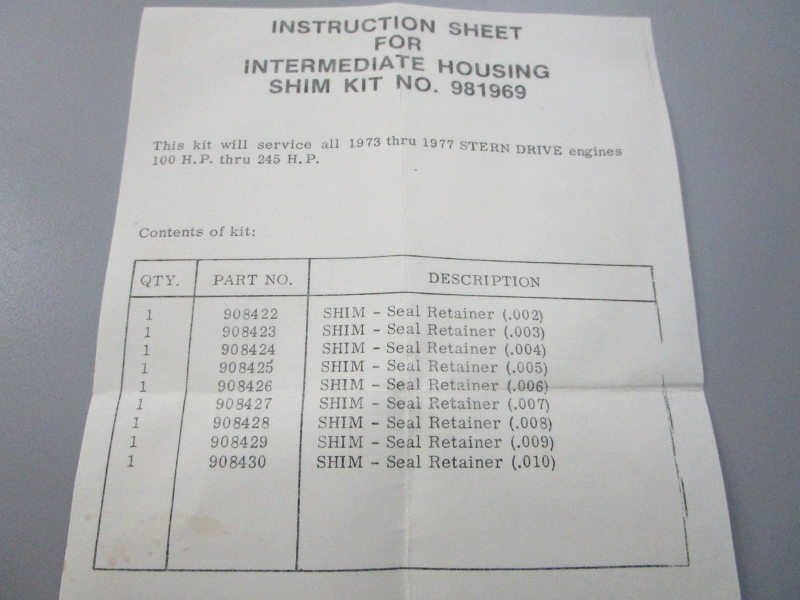 NEW OEM 981969 0981969 OMC Johnson Evinrude Shim Kit 0810