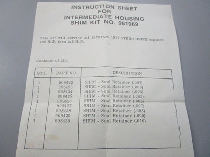 NEW OEM 981969 0981969 OMC Johnson Evinrude Shim Kit 0810