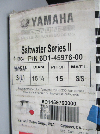 *NEW OEM* 0720 Yamaha Saltwater Series 3 LH SS 15 ¾ x 15 Propeller 6D1-45976-00