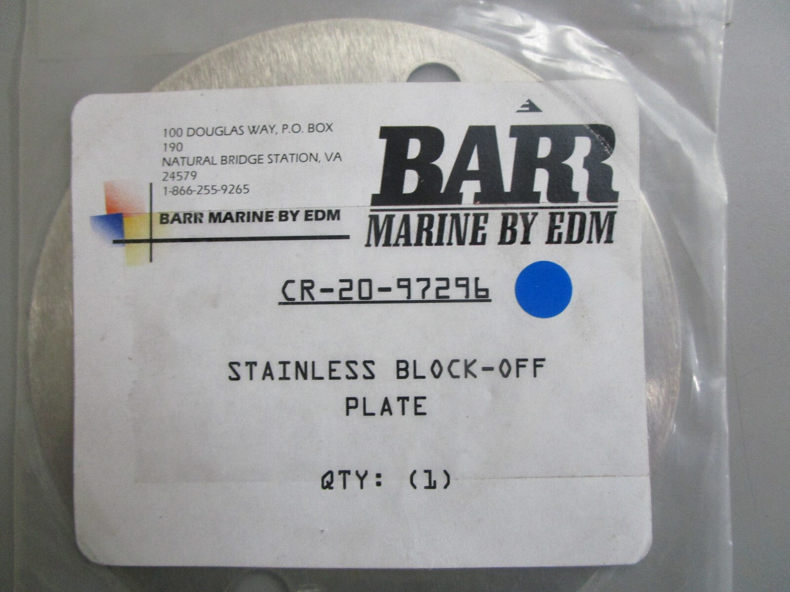*NEW* 0810 Barr Stainless Block-Off Plate CR-20-97296