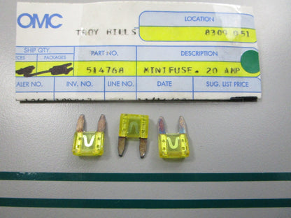 NEW OEM (LOT OF 3) 514768 0514768 OMC Johnson Evinrude 20AMP Mini Fuse 0810