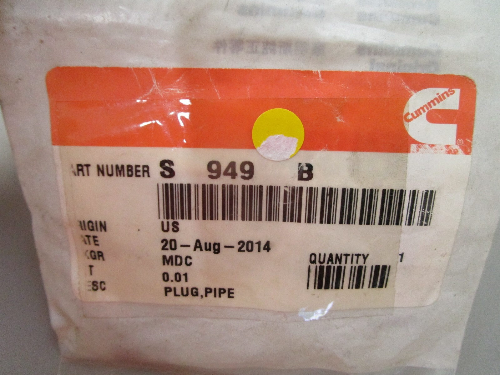*NEW* 0810 Cummins Pipe Plug S949B
