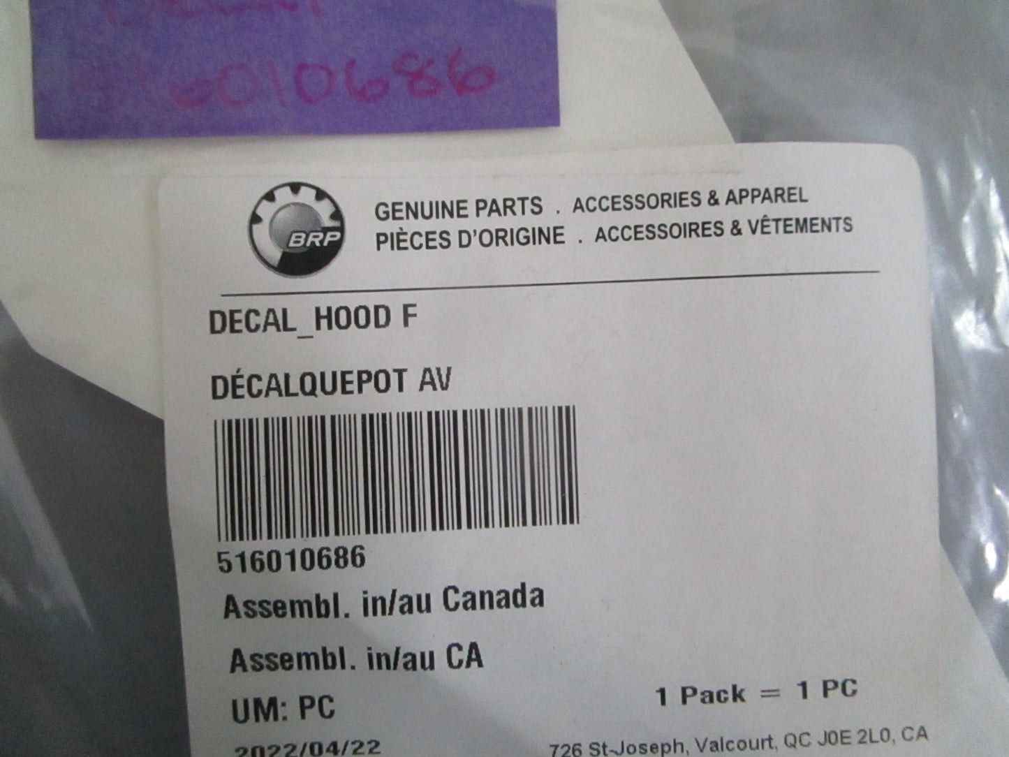 NEW OEM 516010686 Ski-Doo Front Hood Decal 0820