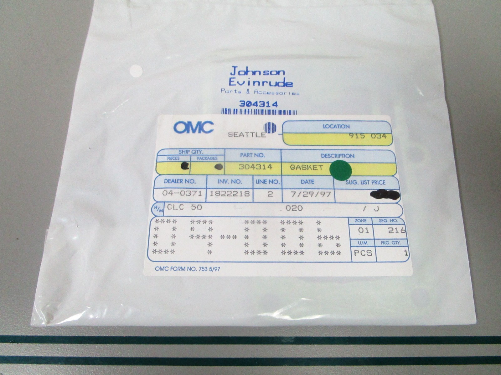 NEW OEM 304314 0304314 OMC Johnson Evinrude Gasket 0810