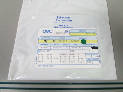 NEW OEM 304314 0304314 OMC Johnson Evinrude Gasket 0810