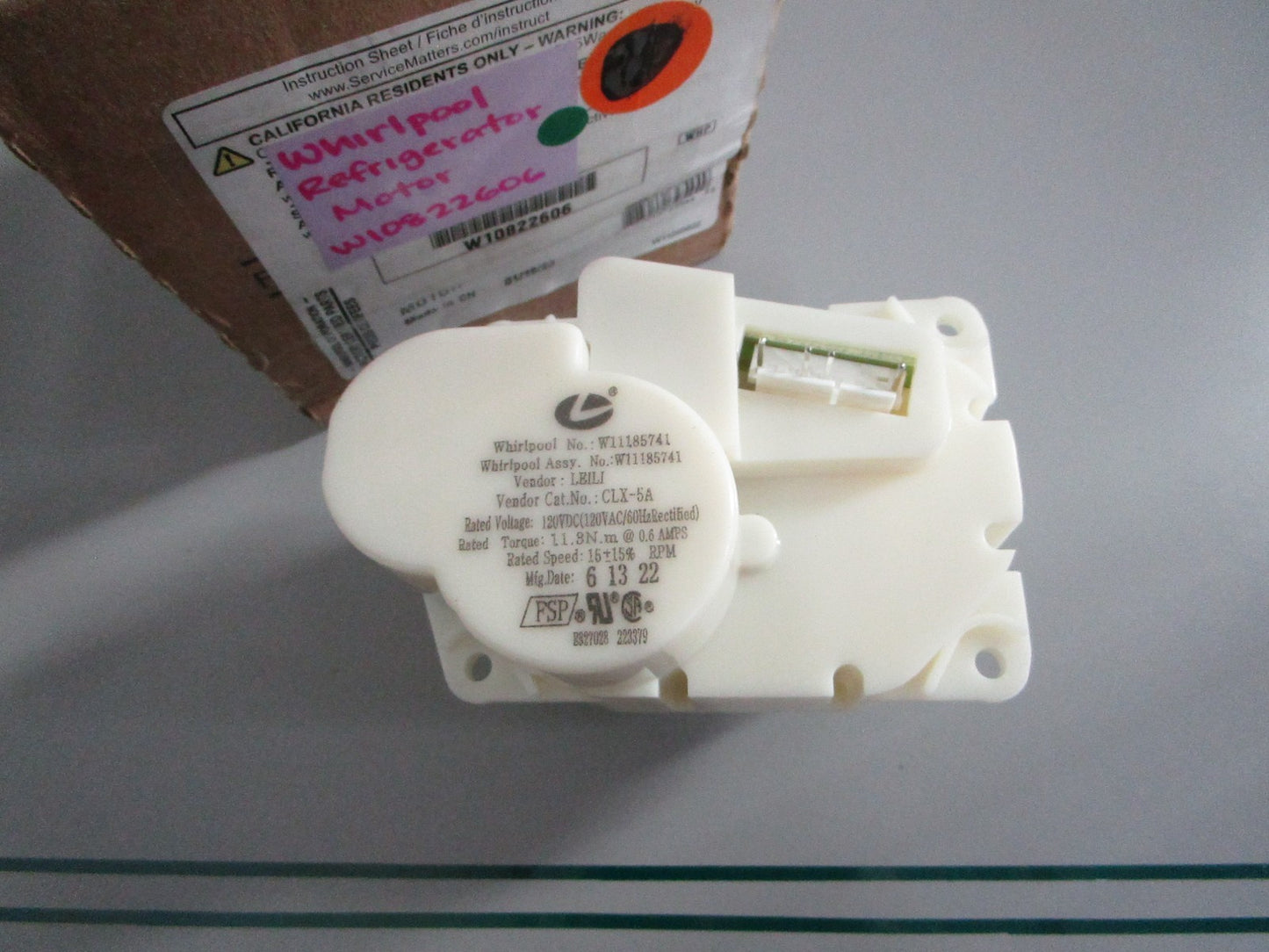 NEW OEM W10822606 Whirlpool Refrigerator Auger Motor 0820