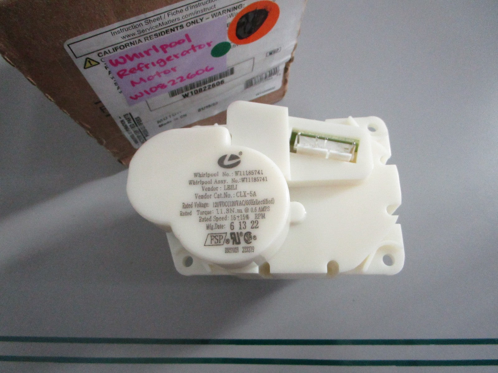 NEW OEM W10822606 Whirlpool Refrigerator Auger Motor 0820