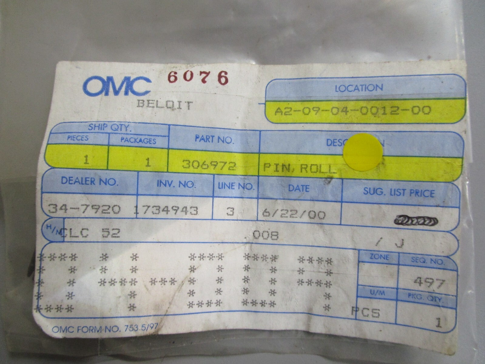 *NEW OEM* 0810 OMC Johnson Evinrude Roll Pin 306972 0306972