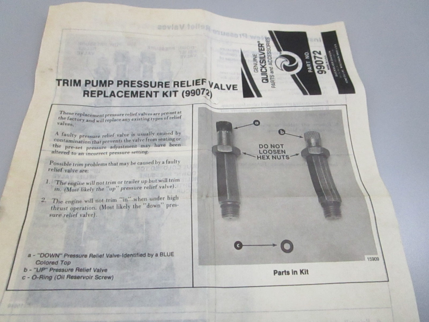 NEW OEM 99072 Mercury Quicksilver Valve Kit 0810
